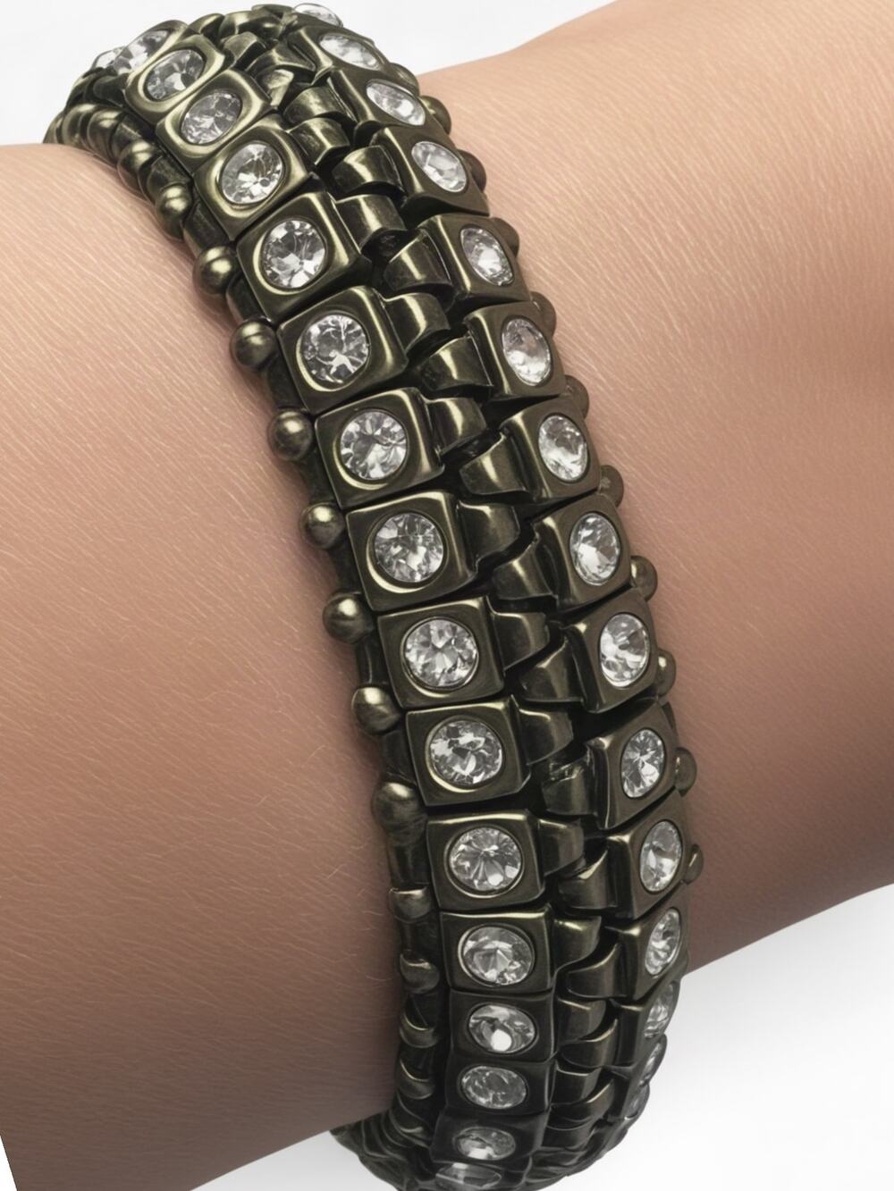 NWT Chico’s Antique Gold / Brass-tone Clear Rhinestone 3-Row Stretch Bracelet